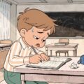 Очень медленно пишет первоклассник, сжимая ручку и хмуря брови.