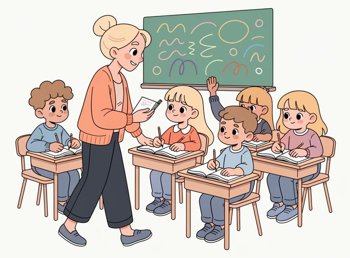Молодая учительница наклонилась к парте и показывает первокласснику на тетрадь