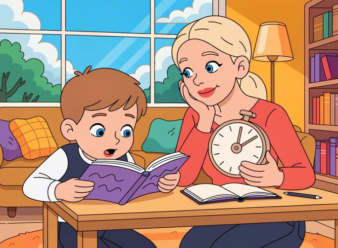 Ребенок плохо читает во 2 классе: на картинке мама с таймером проверяет технику чтения сына дома